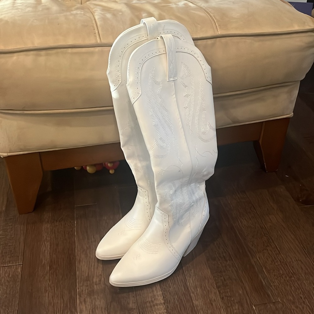 Sugar, white knee high boots